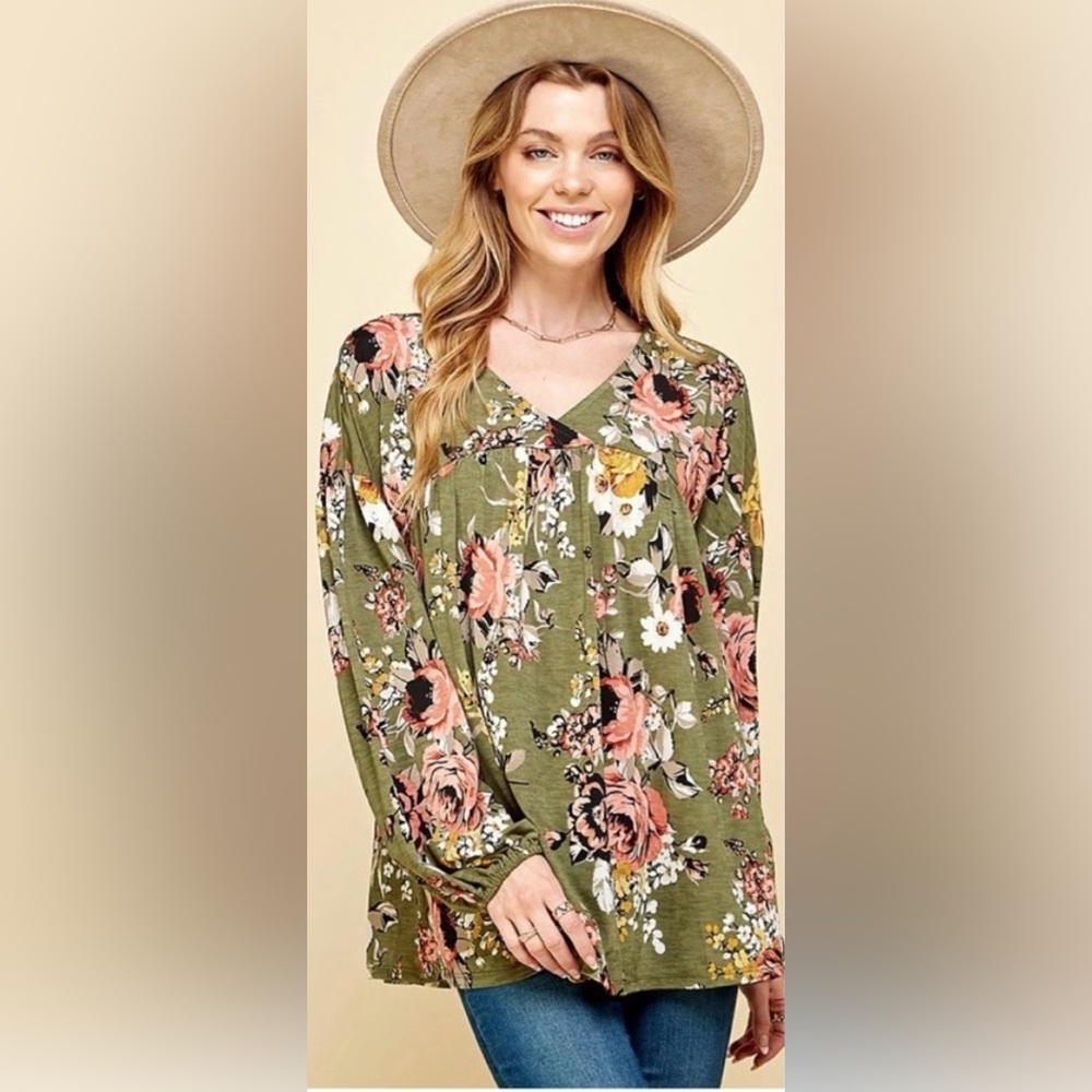 Floral V-Neck Long-Sleeve Blouse in Olive Green